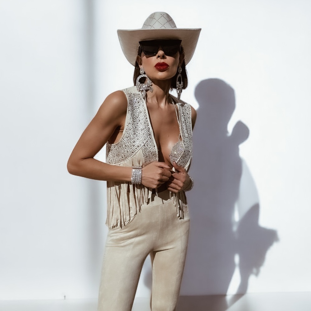 Western fringe diamond vest, Cowboy Carter costume, cowgirl fringe jacket
